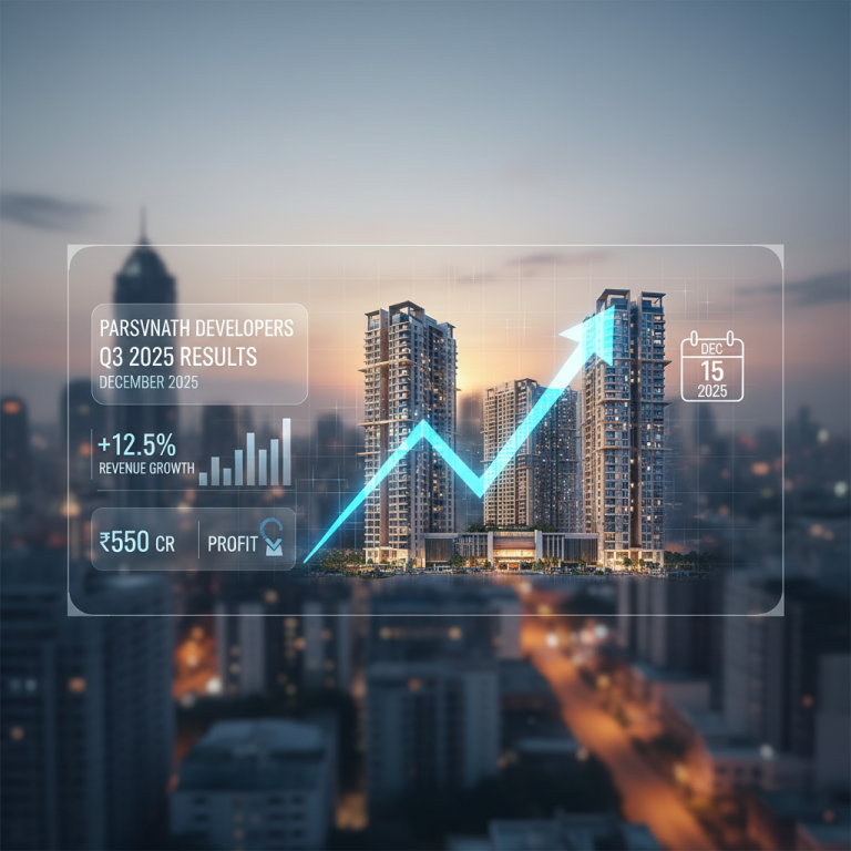 A futuristic holographic display showing "Parsvnath Developers Q3 2025 Results" with a rising arrow graph and city skyline.
