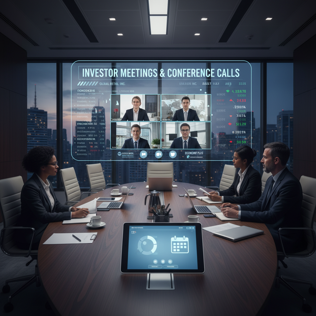 A group of business professionals in a boardroom with a large screen displaying "INVESTOR MEETINGS & CONFERENCE CALLS".