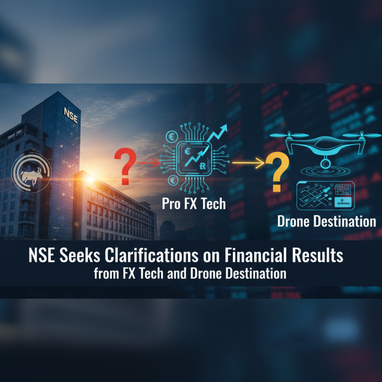 Image depicts the NSE building, questioning Pro FX Tech's financial data and Drone Destination's economic results.
