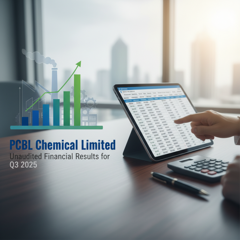 A person reviews financial data on a tablet with a calculator and pen, overlaid with a graphic showing factory growth and a rising bar chart, with the title "PCBL Chemical Limited Unaudited Financial Results for Q3 2025".
