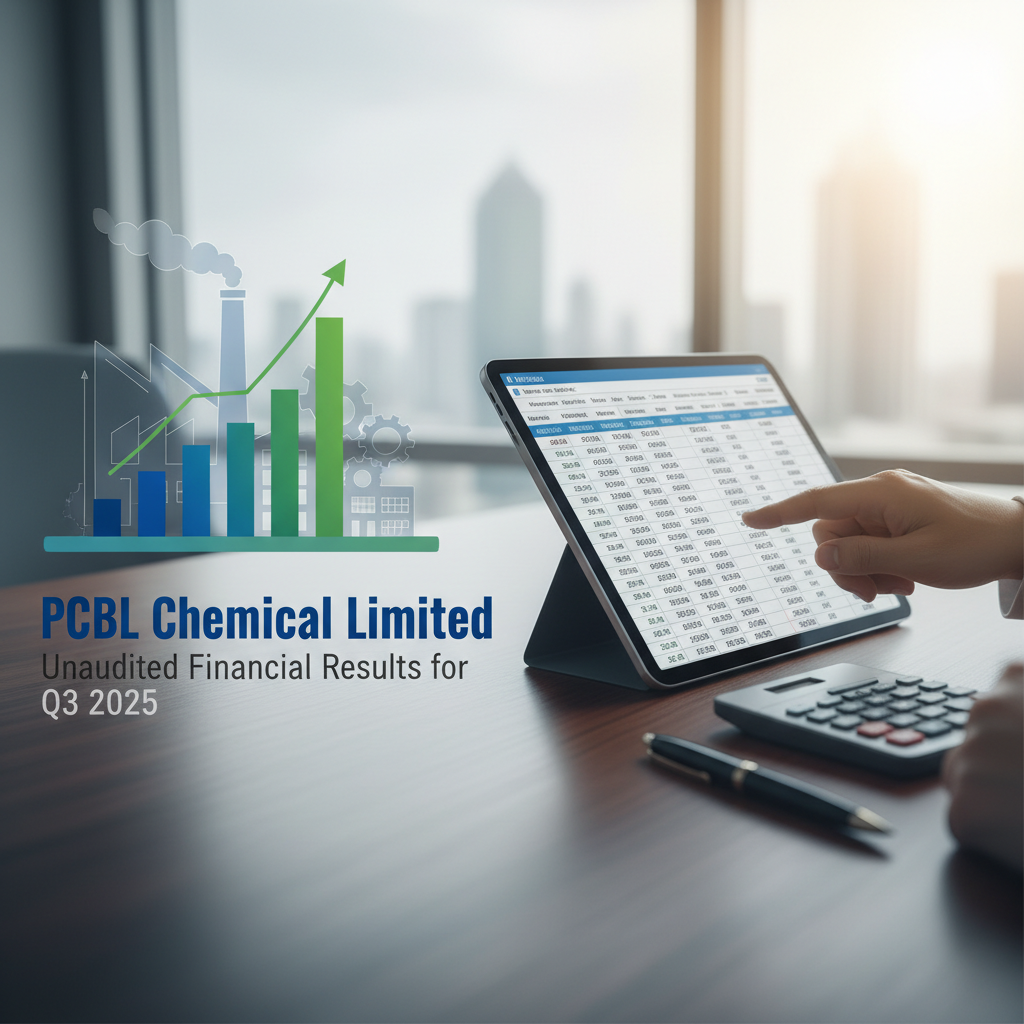 A person reviews financial data on a tablet with a calculator and pen, overlaid with a graphic showing factory growth and a rising bar chart, with the title "PCBL Chemical Limited Unaudited Financial Results for Q3 2025".