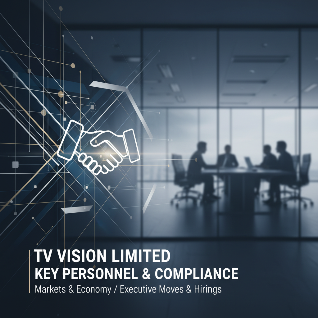 A professional graphic with handshake icon and text, overlaid on a blurred image of executives in a meeting room.