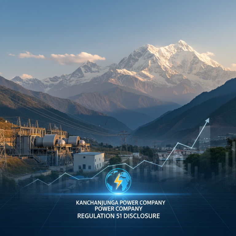 A power plant with mountains in the background and a superimposed chart showing growth.