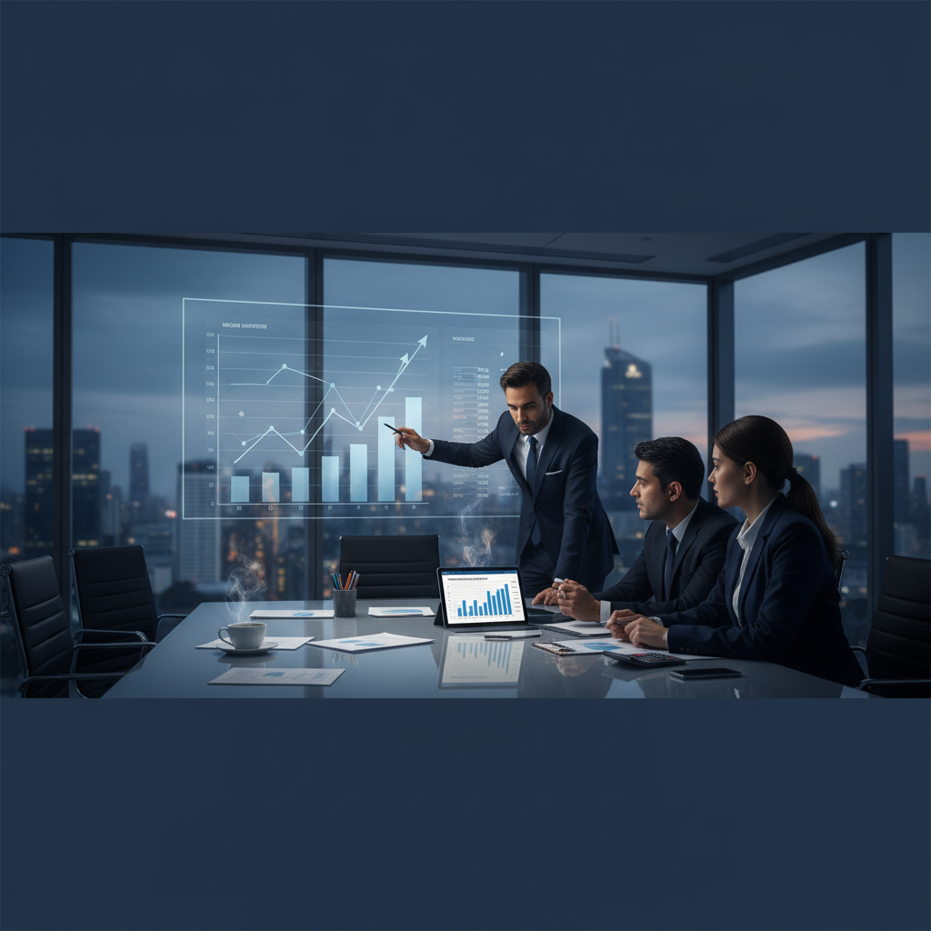 Three financial professionals, two men and one woman, in suits, reviewing charts and graphs in a sleek office with a city view.
