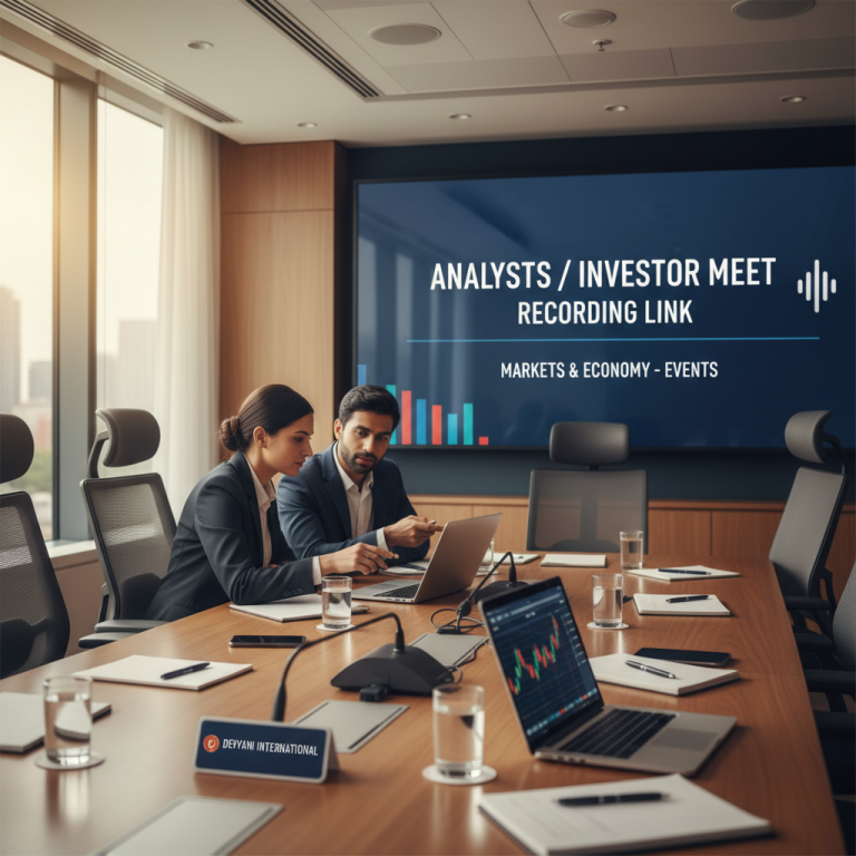 Two professionals in a boardroom with a screen displaying "Analysts / Investor Meet Recording Link" and market data.