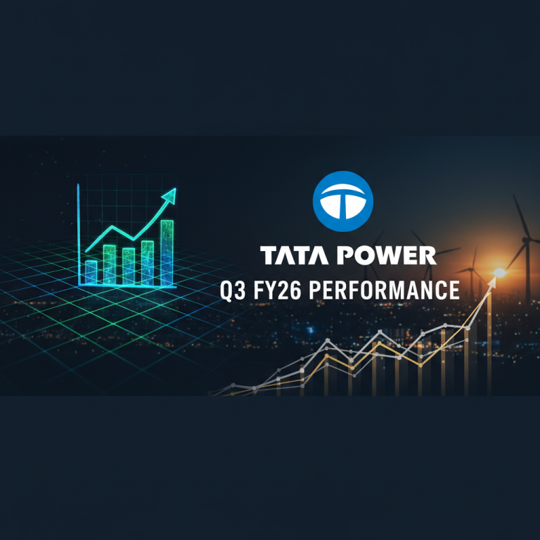 A professional image representing Tata Power's Q3 FY26 performance with financial graphs and wind turbines.