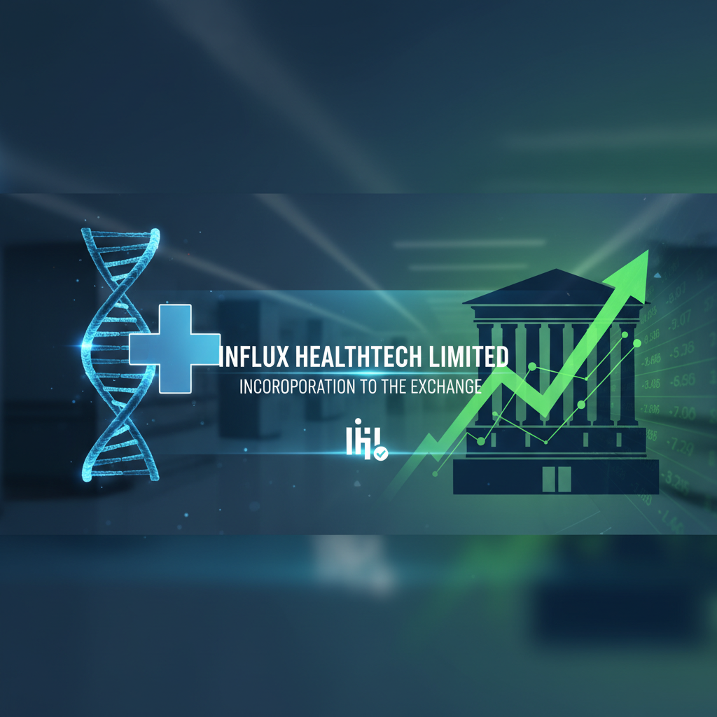 A professional image representing Influx Healthtech Limited's incorporation to the exchange, featuring healthcare and market elements.