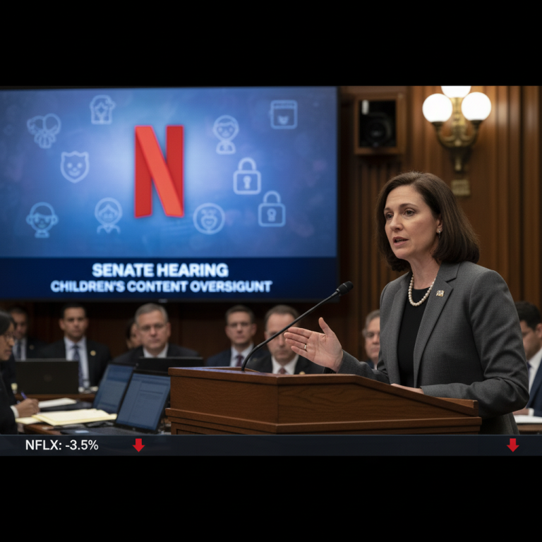 A woman speaks at a podium in a Senate hearing room, with a screen showing the Netflix logo and children's icons.