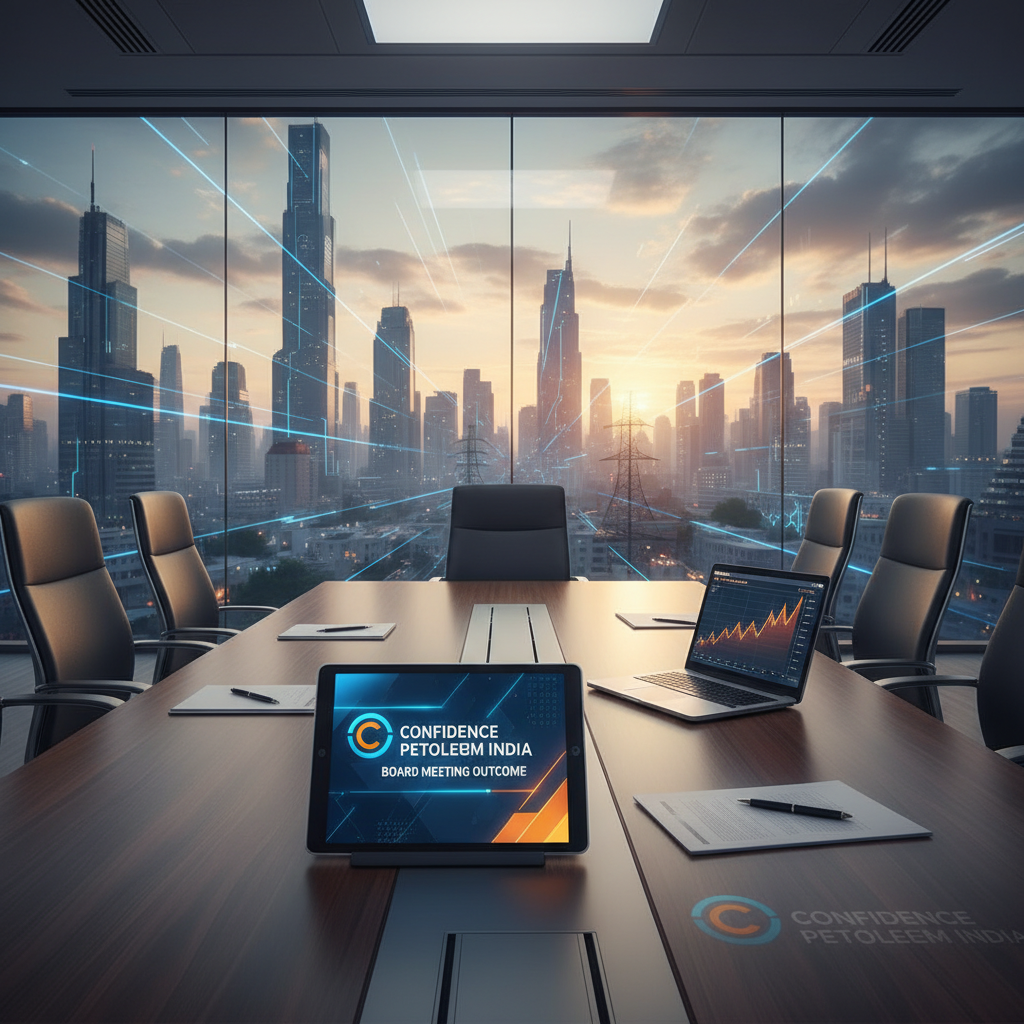 A modern boardroom overlooking a city skyline at sunset, with a tablet displaying "Confidence Petroleum India Board Meeting Outcome."