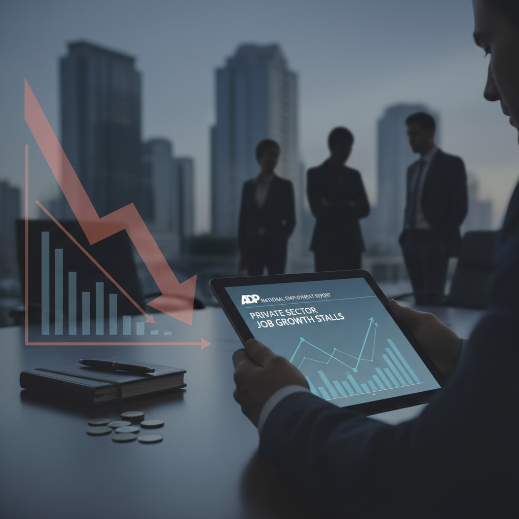 A professional image showing a businessman reviewing declining economic charts on a tablet, with a cityscape background.