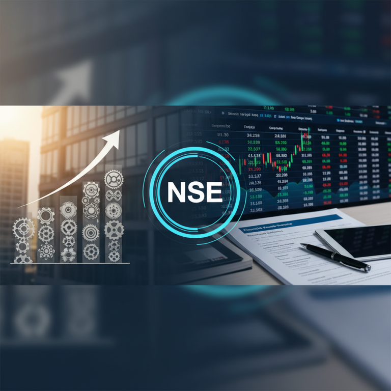 A professional image representing financial growth and corporate news, with a prominent NSE logo.