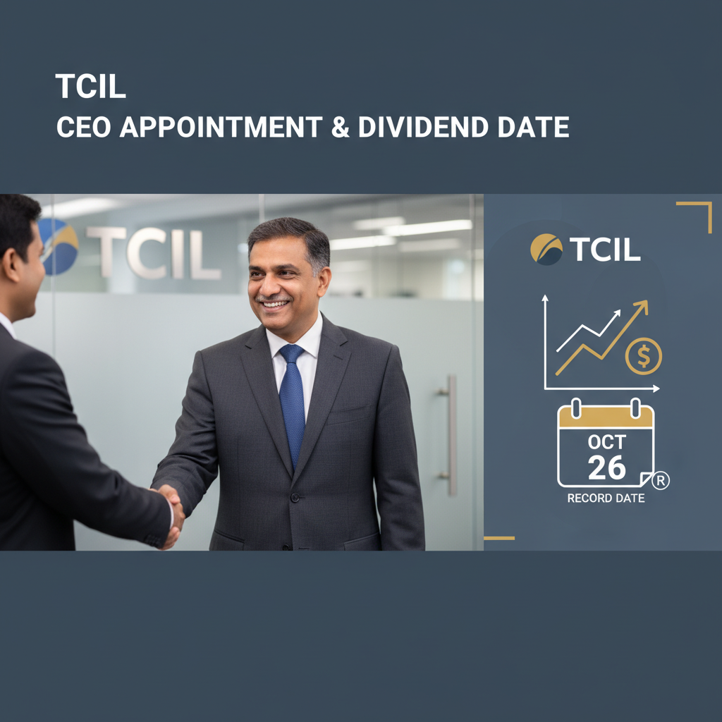 Two businessmen shaking hands in a modern office with TCIL branding, alongside graphics of a stock chart and a calendar.
