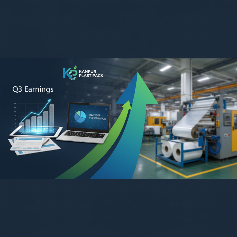 A laptop and tablet displaying financial charts with a manufacturing facility in the background.