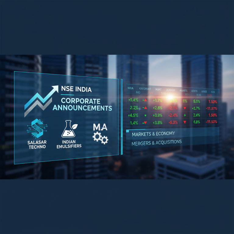 Digital overlay with "NSE INDIA CORPORATE ANNOUNCEMENTS" and company logos against a city skyline.