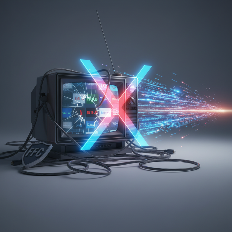 An old television with a broken screen showing streaming service logos, intersected by a red X, with data streams emerging.