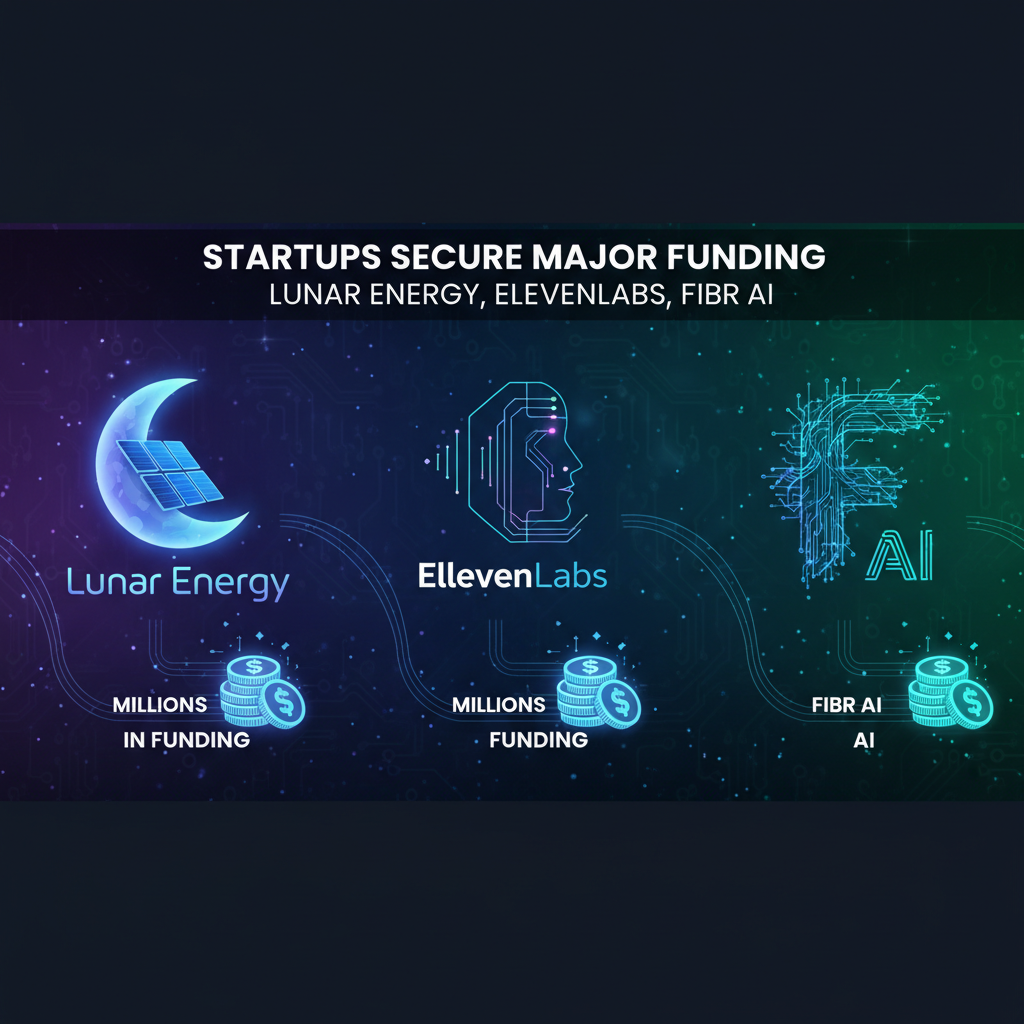 Three distinct startup logos (Lunar Energy, ElevenLabs, Fibr AI) with stacks of money, representing successful funding rounds.