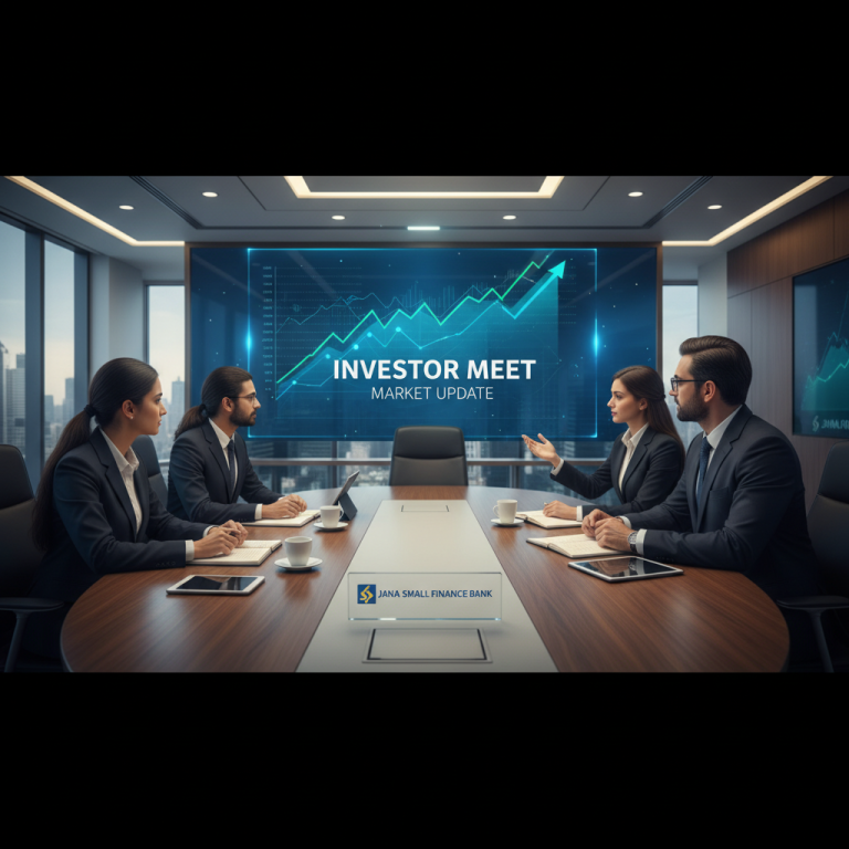 Professionals in a modern boardroom with a digital screen displaying "Investor Meet: Market Update" and a financial graph.