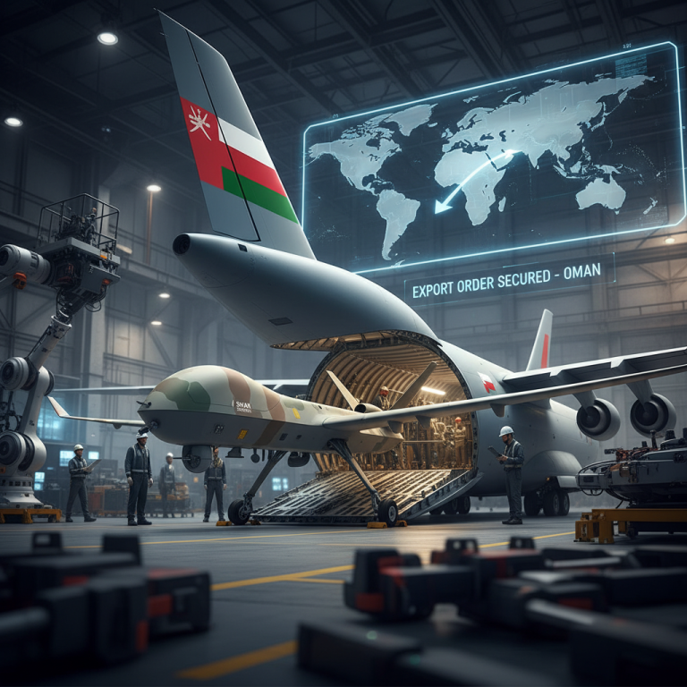 A professional image showing military equipment being loaded onto an Omani cargo plane in a hangar.