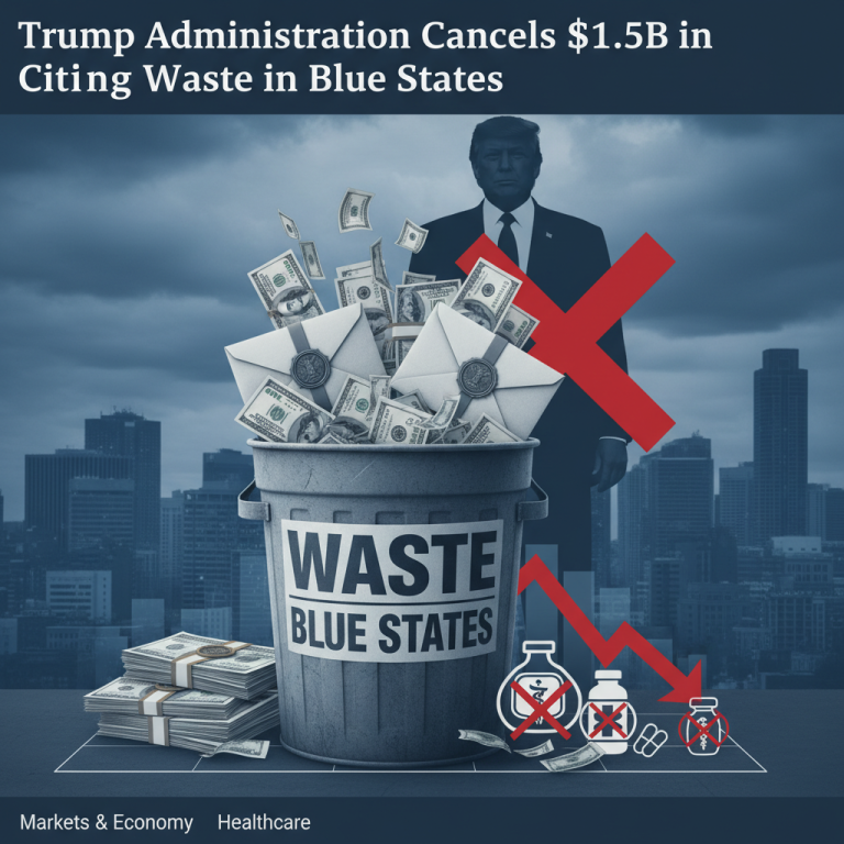 A professional image depicting money and official envelopes being thrown into a trash can labeled "WASTE BLUE STATES."