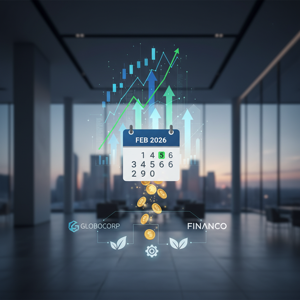 A calendar showing "FEB 2026" with the 5th highlighted, overlaid on a financial graph in a modern office.