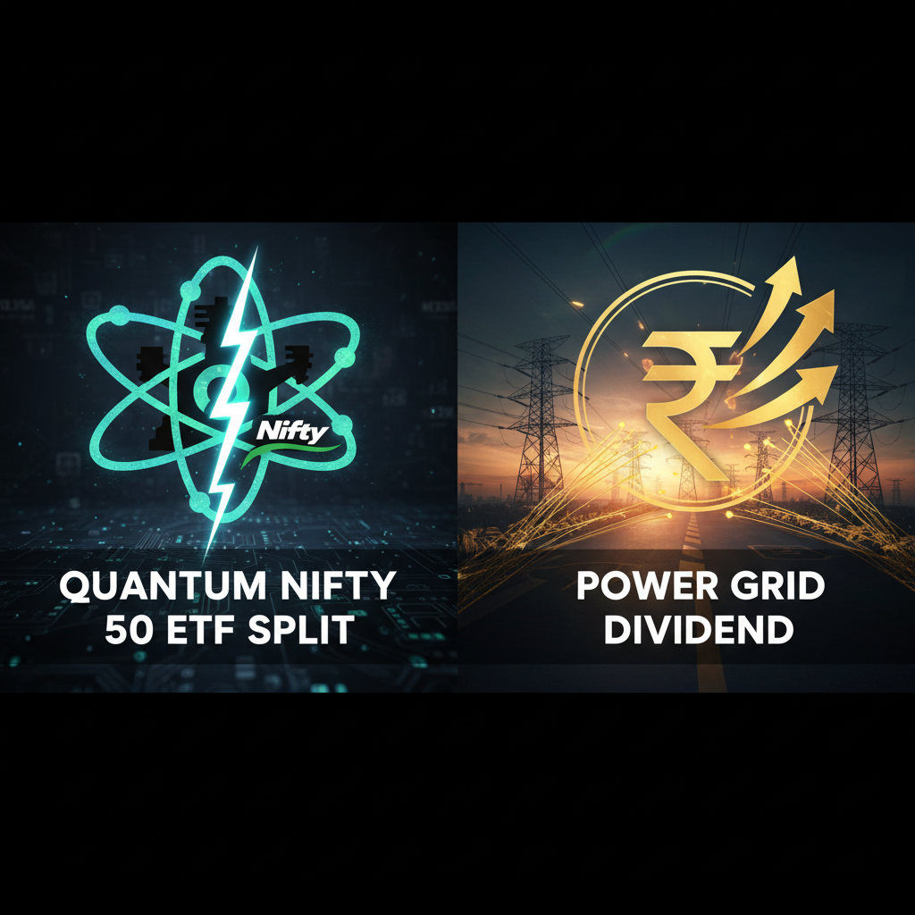A split image showing "Quantum Nifty 50 ETF Split" with an atom and lightning, and "Power Grid Dividend" with a Rupee symbol and upward arrows over power lines.