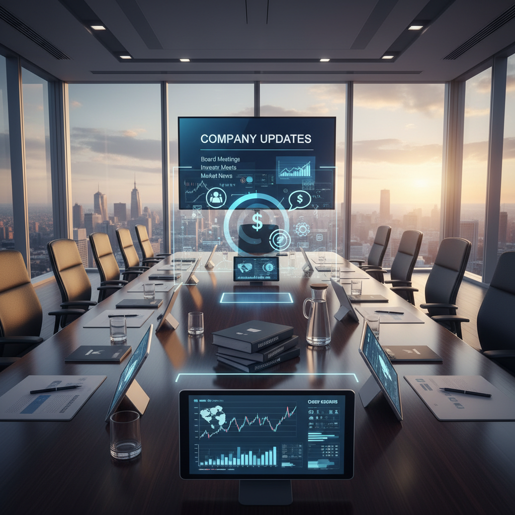 A modern boardroom with a large screen displaying "COMPANY UPDATES" and various charts, reflecting financial and market news.