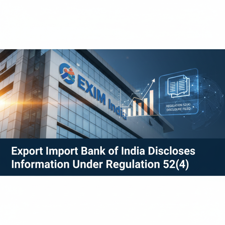 A modern building with "EXIM India" logo, overlaid with financial charts and a digital icon for "Regulation 52(4) Disclosure Filed."
