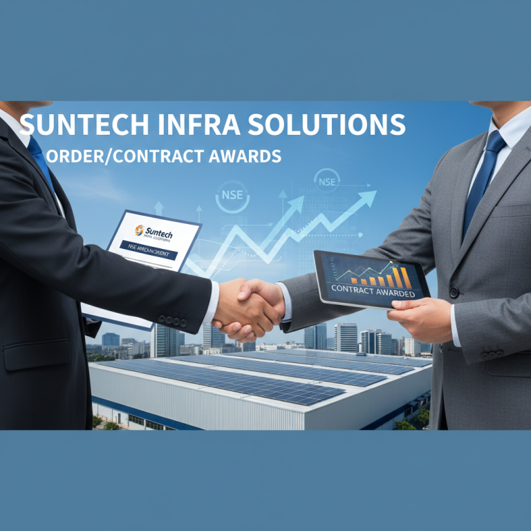 Two businessmen shaking hands, with solar panels on a factory roof and stock market graphs in the background.
