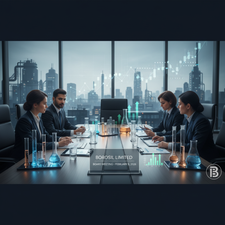 Professional image of a diverse board meeting discussing financial results, with charts and manufacturing elements.