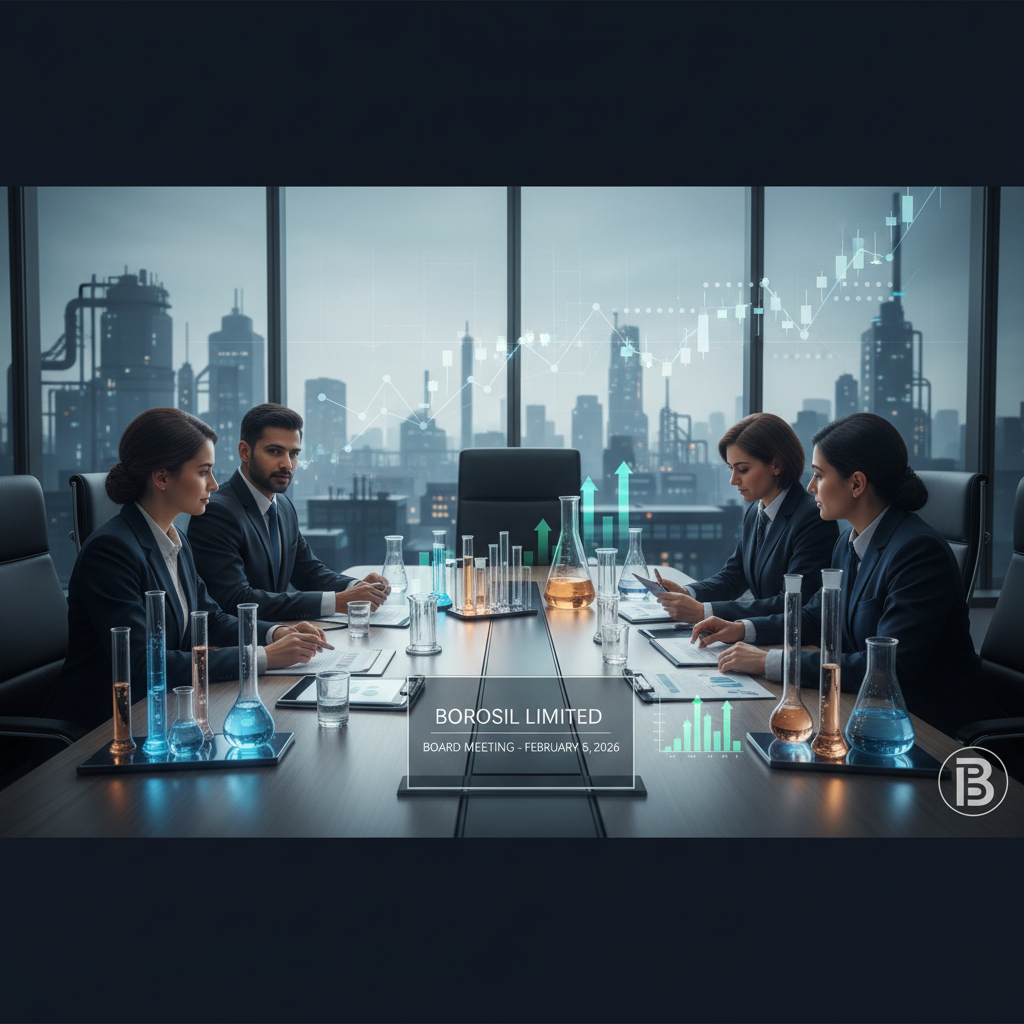 Professional image of a diverse board meeting discussing financial results, with charts and manufacturing elements.