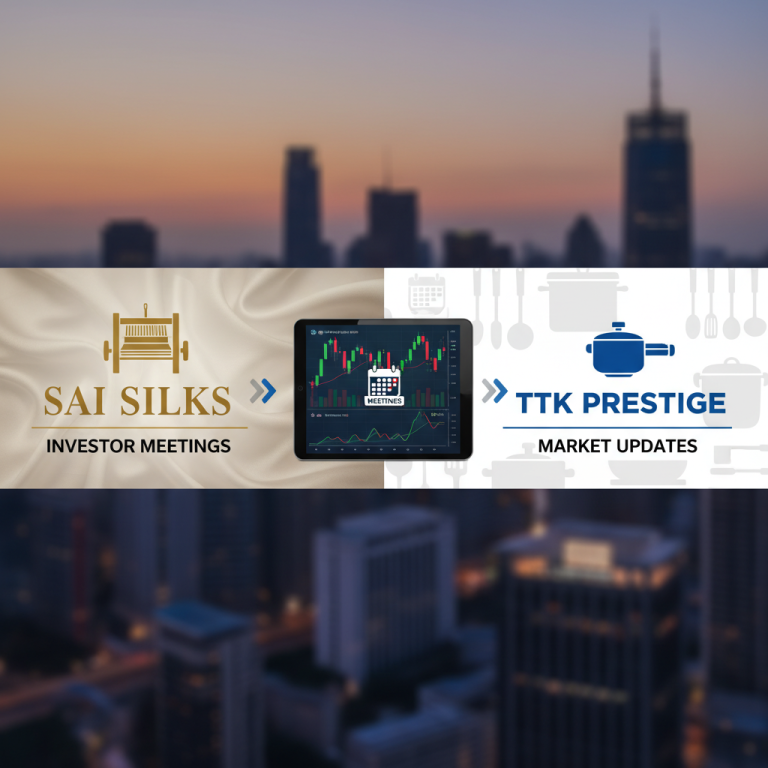 A banner image with logos for Sai Silks and TTK Prestige, market charts, and meeting schedules against a city skyline.