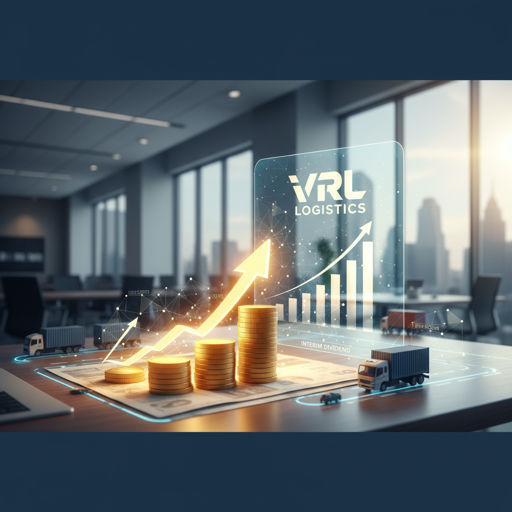 A professional image showing a desk with stacked coins, an upward trending graph, and miniature trucks, signifying financial growth and logistics.