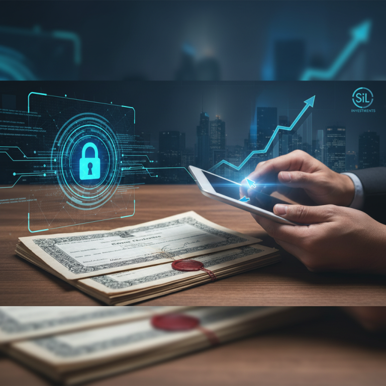 Hands interact with a tablet over physical stock certificates, with a digital lock and upward trend graph in the background.