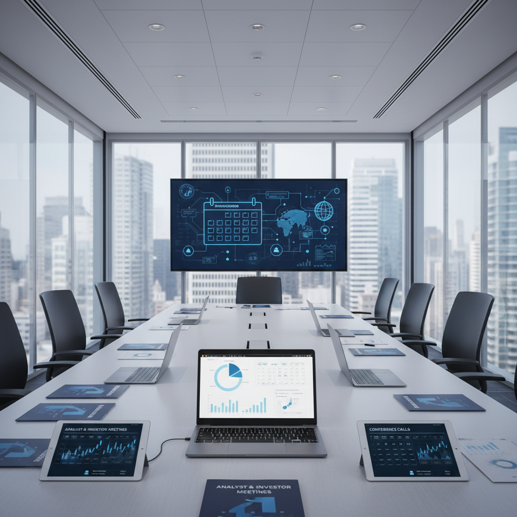 A modern corporate boardroom with a large screen displaying financial charts and meeting schedules, and devices on the table.