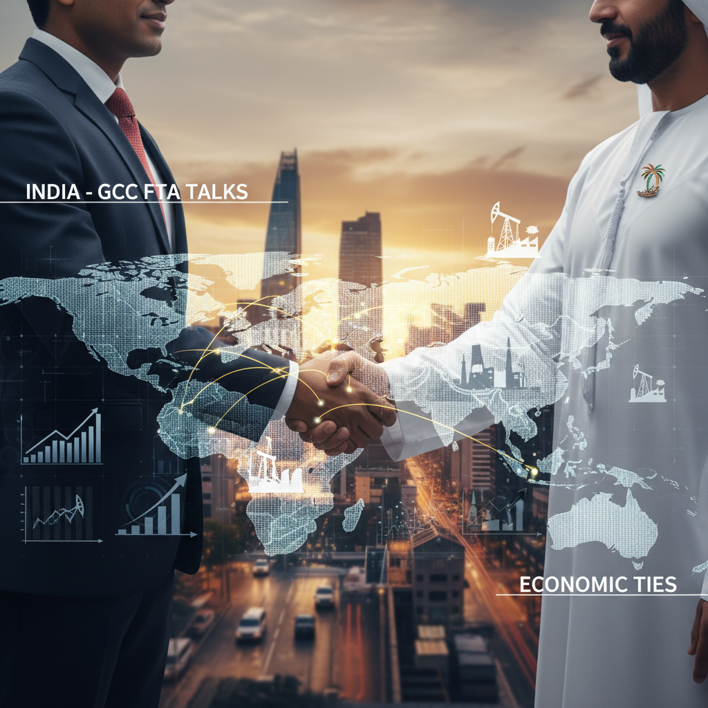 Two businessmen, one Indian and one from the GCC, shake hands with a cityscape and global map overlay.