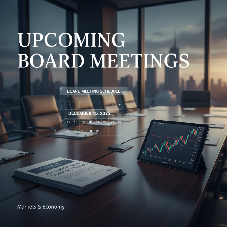 A modern boardroom with a calendar showing December 15, 2025, and a tablet displaying market data.