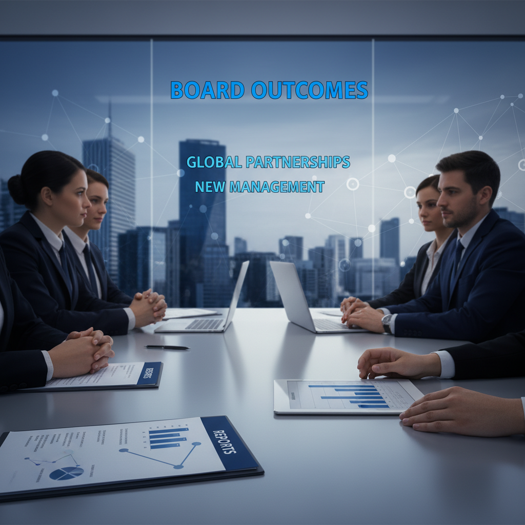 A group of professionals in a modern boardroom with city skyline view, discussing reports and strategic partnerships.