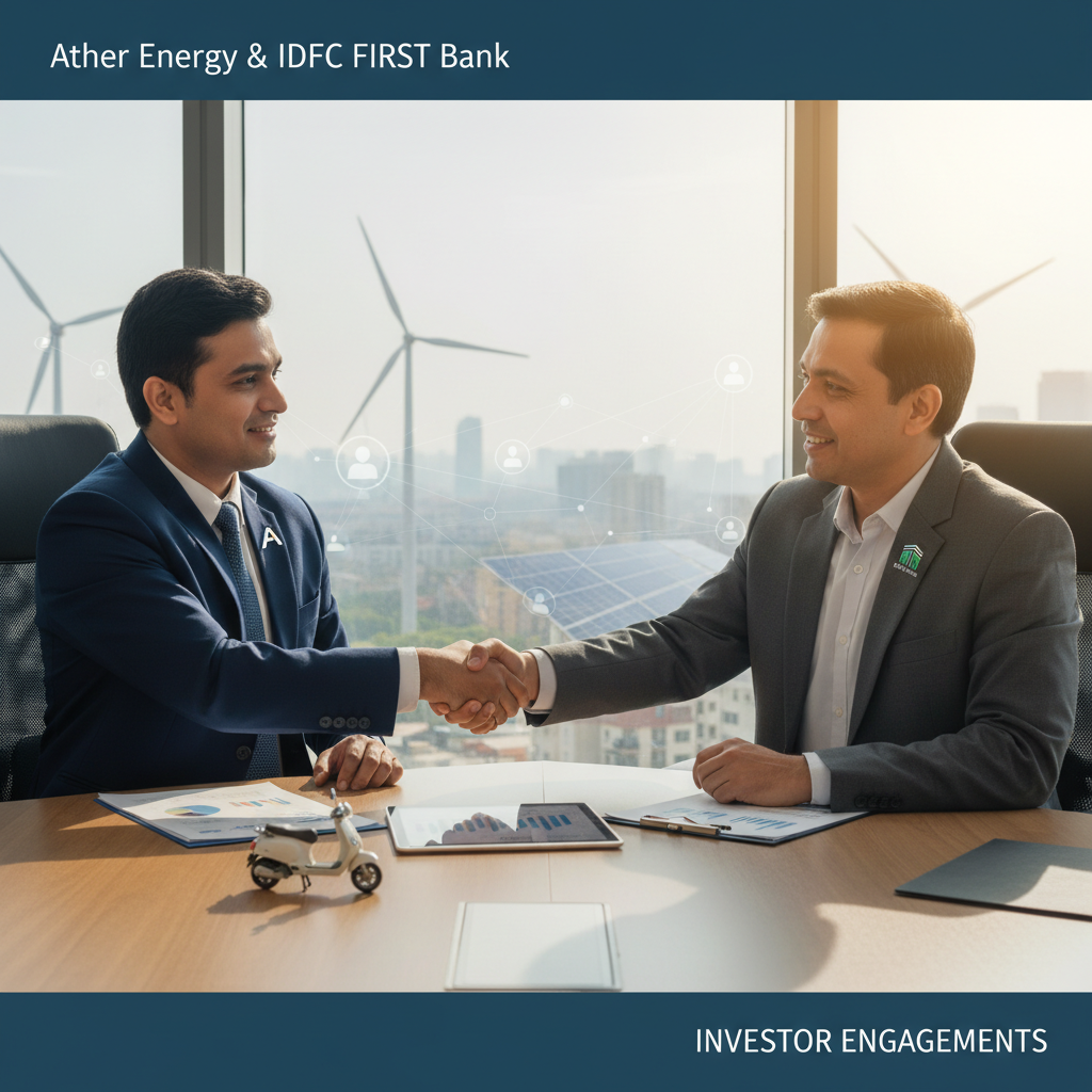 Two businessmen shaking hands in a modern office with wind turbines and solar panels visible through the window.
