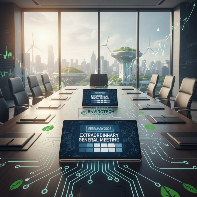 A modern boardroom with a cityscape featuring green technology, reflecting Envirotech Systems Limited's EGM.