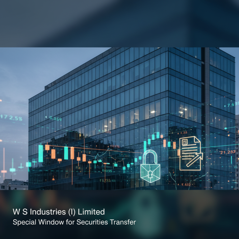 A modern office building with financial data overlays, symbolizing securities transfer.