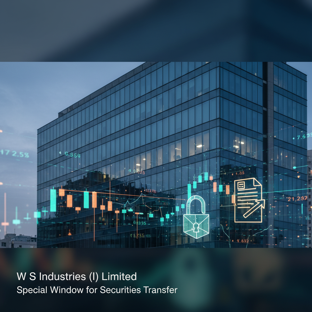 A modern office building with financial data overlays, symbolizing securities transfer.