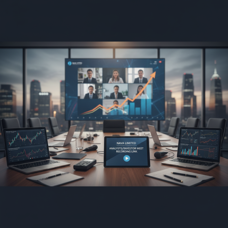A modern conference room overlooking a city skyline, with laptops, a tablet displaying "NAVA LIMITED Analysts/Investor Meet Recording Link", and a large screen showing a video conference call and financial charts.