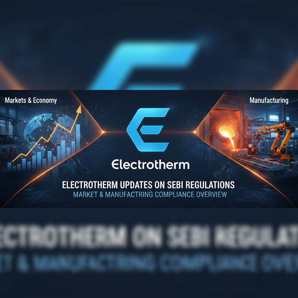 A banner image for Electrotherm with abstract market graphs, a factory floor, and the company logo, indicating compliance.
