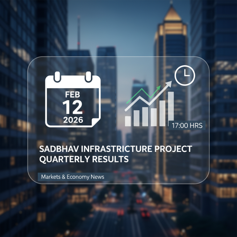 A digital overlay with "Sadbhav Infrastructure Project Quarterly Results" against a blurred city background.