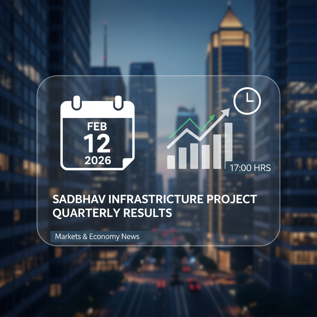 A digital overlay with "Sadbhav Infrastructure Project Quarterly Results" against a blurred city background.