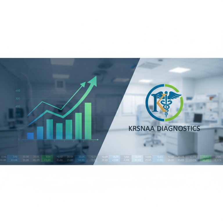 Krsnaa Diagnostics logo overlayed on a financial graph with an upward trend and a medical lab background.