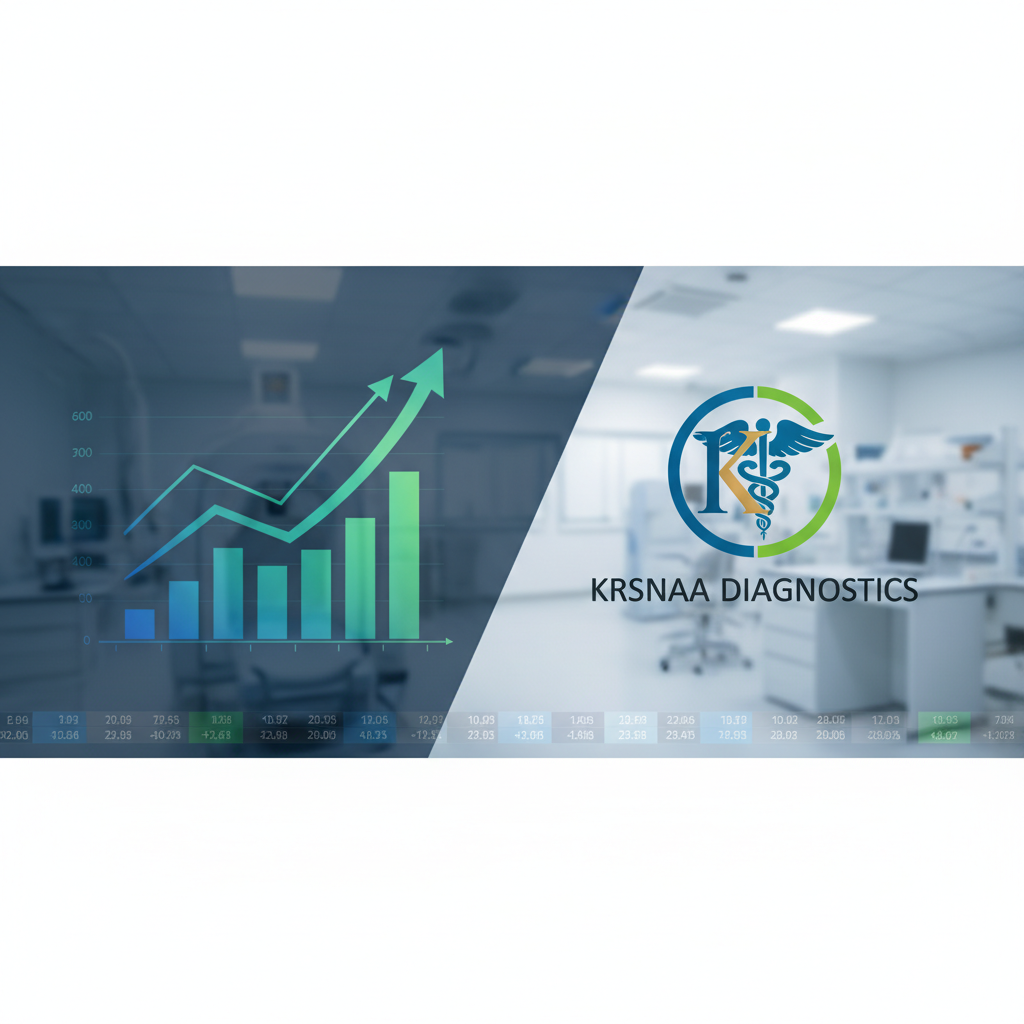 Krsnaa Diagnostics logo overlayed on a financial graph with an upward trend and a medical lab background.
