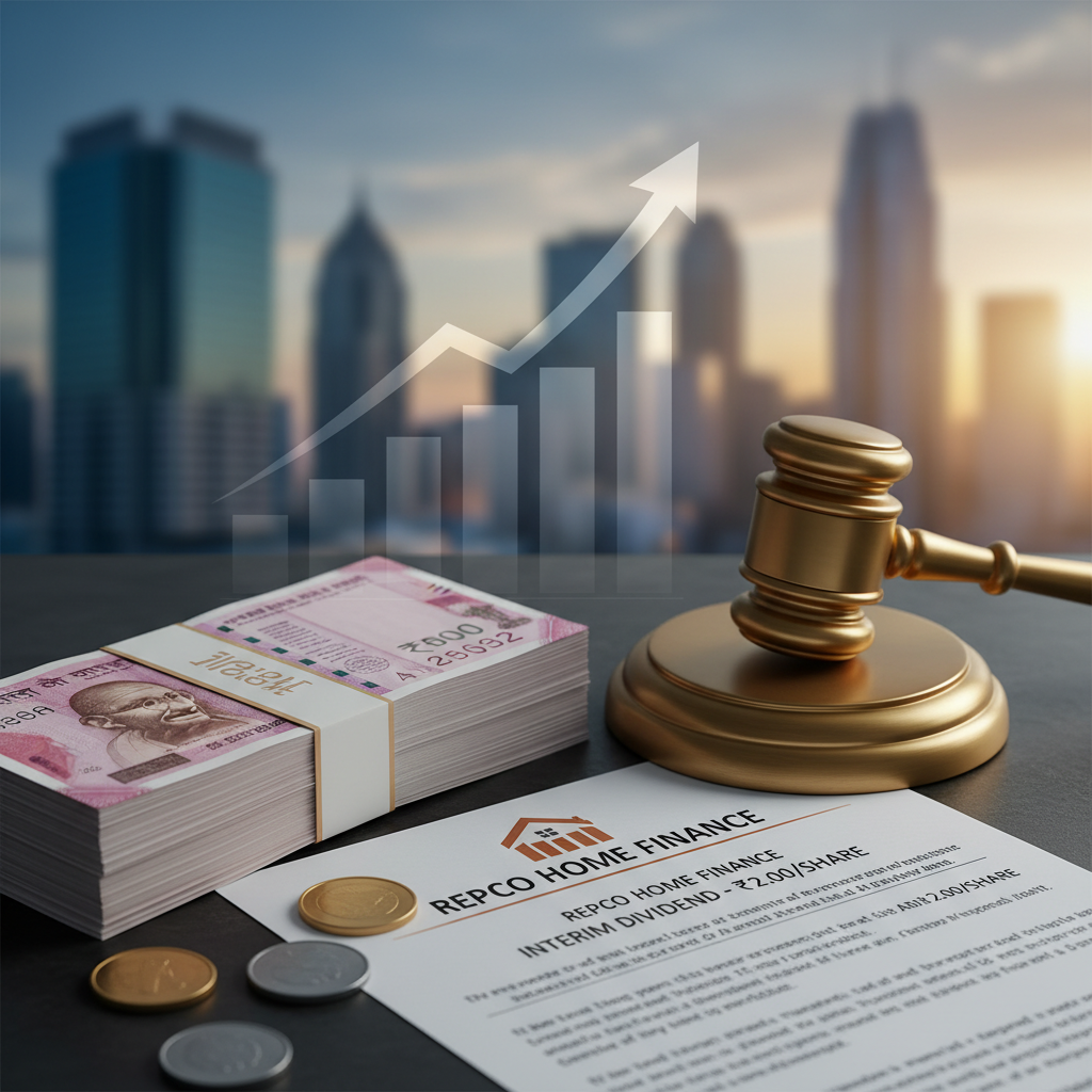 A stack of Indian rupees, coins, a gavel, and a document about Repco Home Finance dividend against a city skyline.
