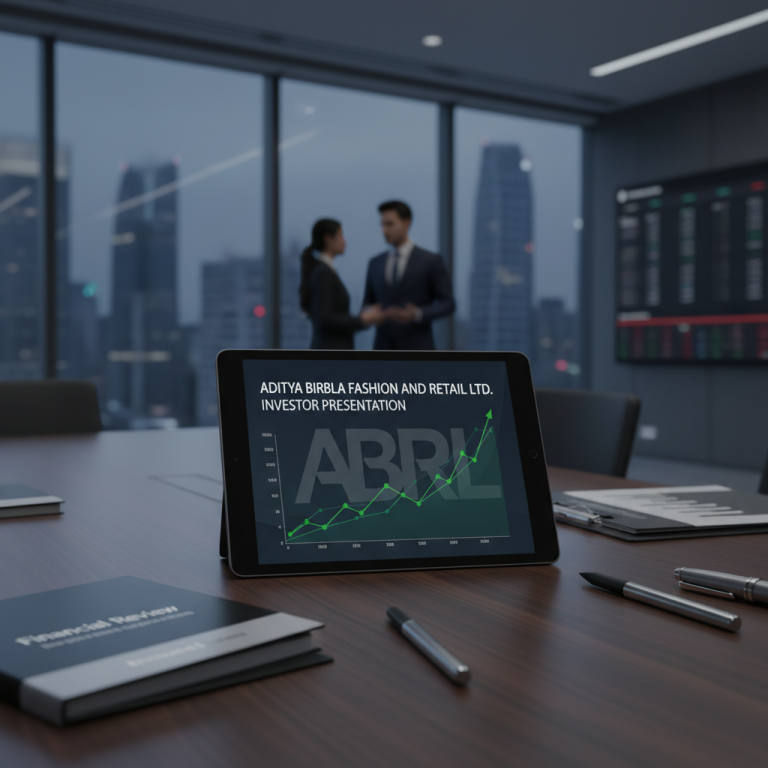 A tablet displaying "Aditya Birla Fashion and Retail Ltd. Investor Presentation" with a rising stock chart.