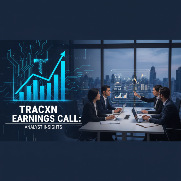 Business professionals analyzing data during an earnings call, with digital growth charts and cityscape.